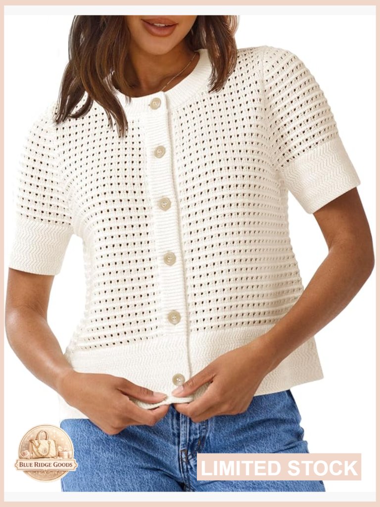 Crochet Short Sleeve Cardigan Button Front Crew Neck Beach Knit Sweater Top
